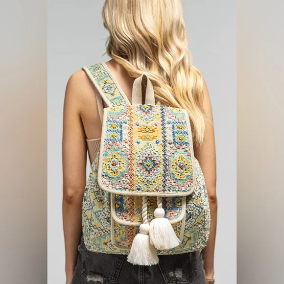 Boho Chic Backpack - Ethnic Inspired Pattern - Hand Beaded Accents - Fine Cotton - Picture 8 of 16